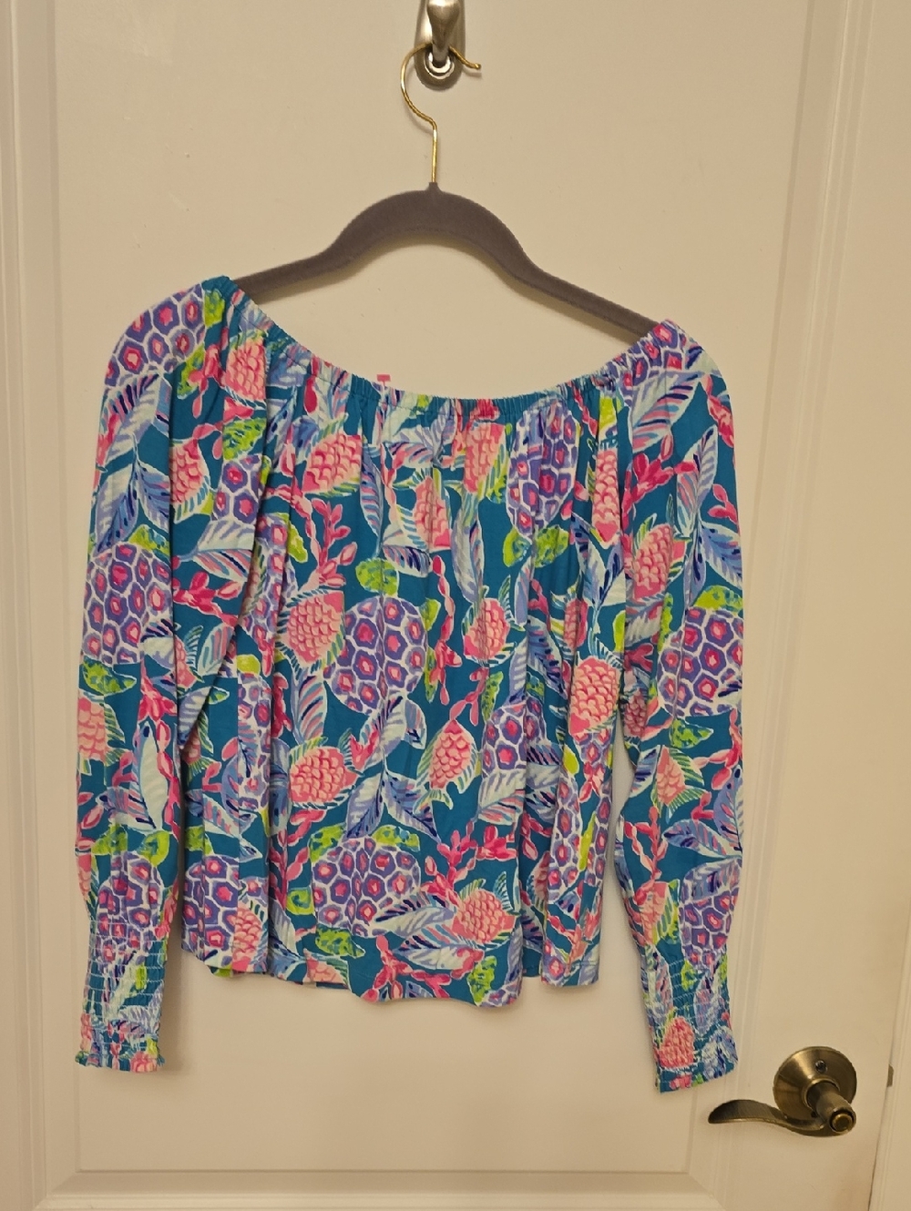 Lilly Pulitzer Teal Blue Floral Off-Shoulder Blouse